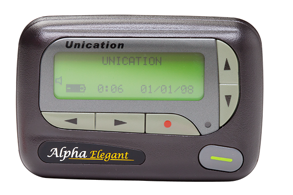 An alphanumeric pager displaying a text message.