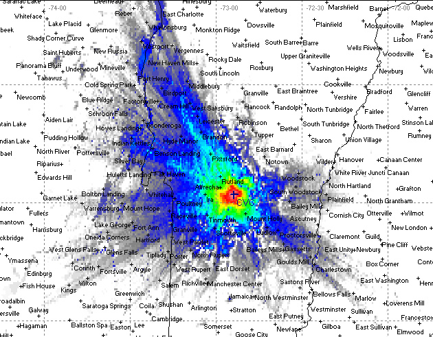 Example map analyzing radiating lines of wireless service strength and distance across Central Vermont.